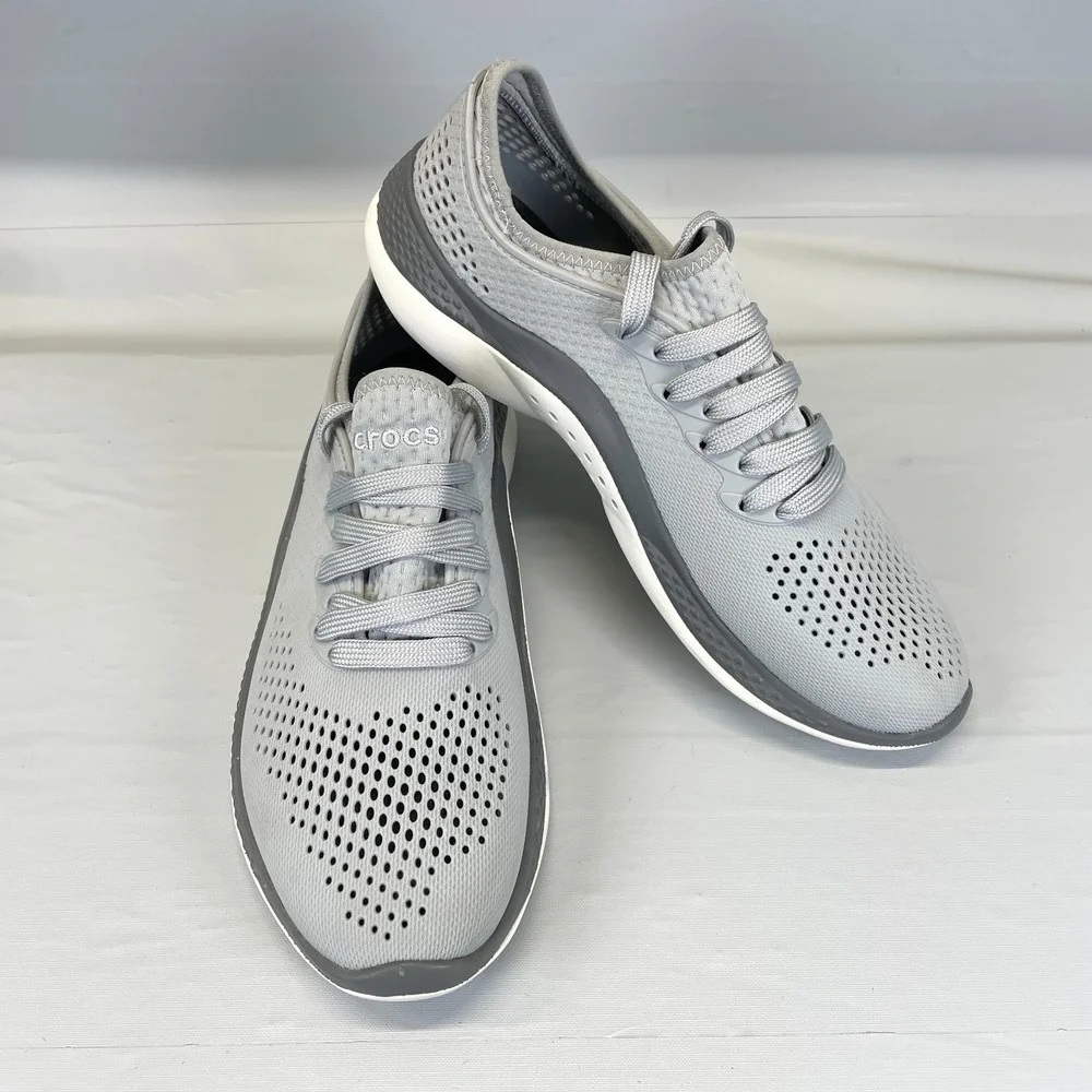 Crocs LiteRide 360 Pacer Shoes Mens Size 7 Gray Perforated Lace Up Sneakers